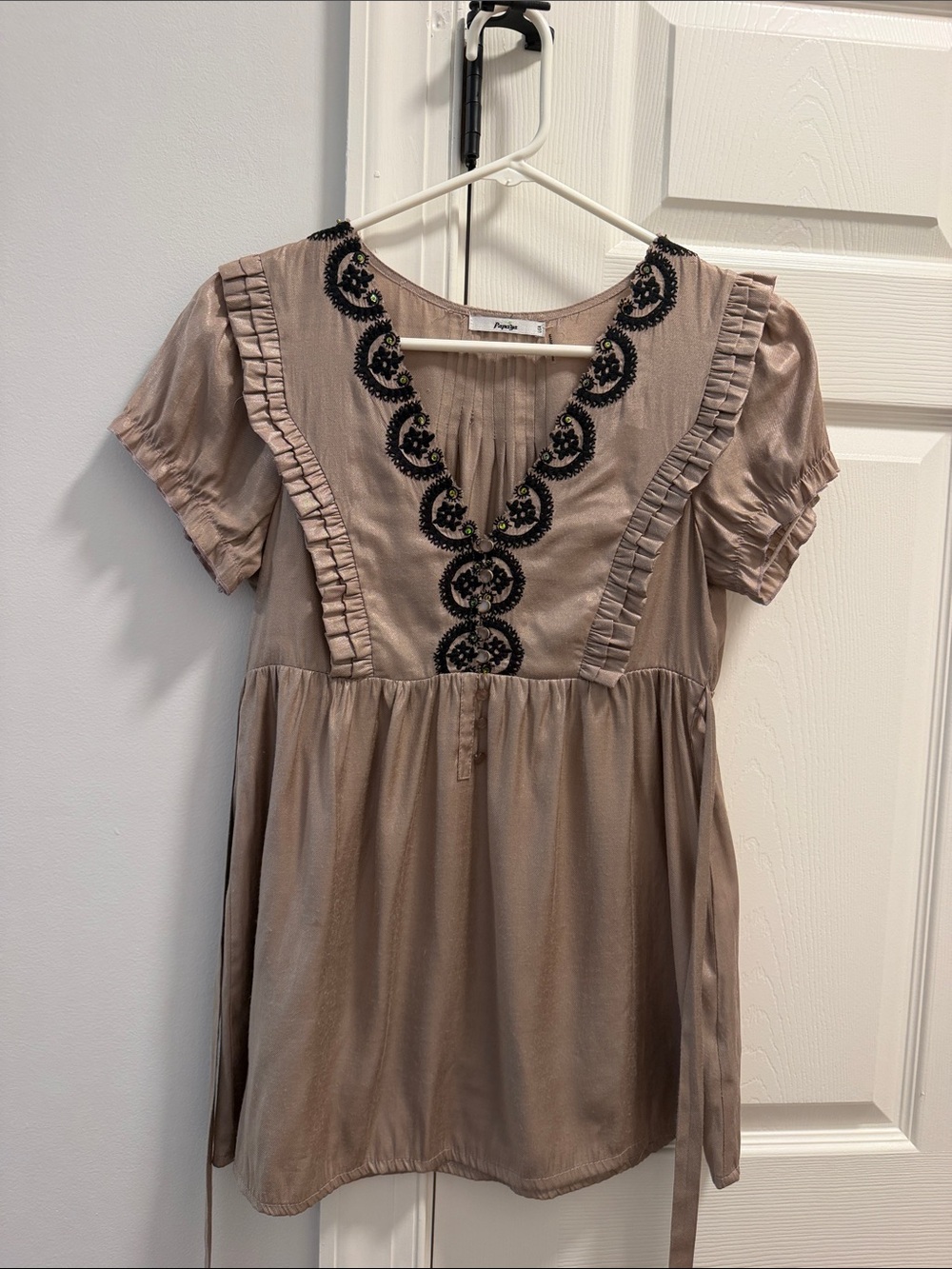 Papaya Taupe Casual Girls Dress with Black Embroidered V-Neck